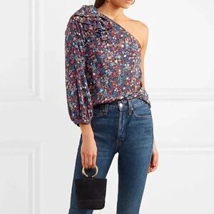 J Crew One Shoulder Top Blouse Black Kaleidoscope Star Print 8 Bow Sheer